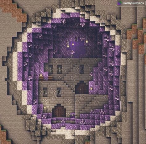 Minecraft Home Base Ideas, Minecraft Cave Staircase, Amethyst Build Minecraft, Minecraft Geode House, Minecraft Dragon Cave, Mineshaft Minecraft Ideas, Minecraft Geode Build, Mountain Builds Minecraft, Space Themed Minecraft Builds