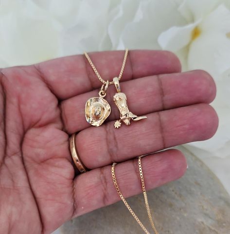 14k Gold Cowboy Boot and Hat Necklace, Texas Necklace, Dainty Cowgirl Necklace, 14k Heavy Plated Gold Necklace, Women or Girls, High Quality by DrangonflyBouteek on Etsy Gold Pendent Designs, Cowgirl Necklace, Texas Necklace, Cowgirl Necklaces, Cowgirl Gifts, Oak Forest, Looks Country, Cowgirl Aesthetic, Jewelry Accessories Ideas