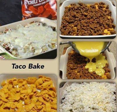 Susan Recipe: TACO BAKE Easy Taco Bake, Baked Tacos Recipe, Cheese Corn, Cheddar Cheese Soup, Taco Bake, Easy Taco, Chili Cheese, Gooey Cheese, Taco Meat