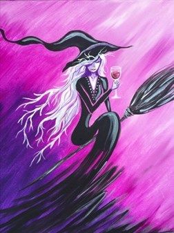 Vino Vixen Pinots Palette Paintings, Halloween Canvas Paintings, Witch Painting, Halloween Artwork, Paint Night, Holiday Painting, Drink Specials, Halloween Painting, Autumn Painting