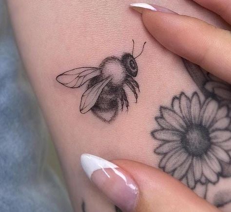 Bumblebee Honeycomb Tattoo, Blank Space Tattoo Filler, Bee Tattoos For Men, Side Bee Tattoo, Bee On A Flower Tattoo, Pollinator Tattoo, Bee Tattoo Behind Ear, Bee On Flower Tattoo, Flying Bee Tattoo