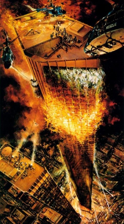 The Towering Inferno - Art by John Berkey                                                                                                                                                      More Raise The Titanic, John Berkey, The Towering Inferno, King Kong Art, 70s Sci Fi Art, Old Pics, Sf Art, Best Movie Posters, Movie Poster Art