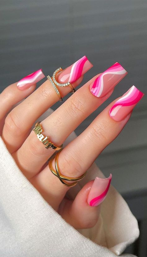 Pink Nails Swirl Design, Pink Swirl Nails Coffin, Pink Nail Swirl Designs, Pink Squiggly Line Nails, Hot Pink Squiggle Nails, Pink Nail Colors, Cute Pink Nails, Cute Spring Nails, Pink Nail Art