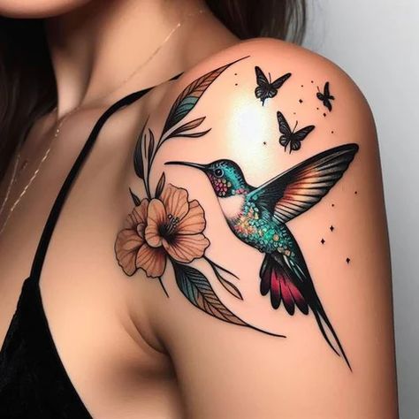 Birds Tattoo Design For Women, Humming Bird Tattoo With Color, Hummingbird Tattoos Color, Hummingbird Memory Tattoo, Hummingbird And Deer Tattoo, Hummingbird With Carnation Tattoo, Music Hummingbird Tattoo, Floral Sleeve With Hummingbird, Daisy And Hummingbird Tattoo