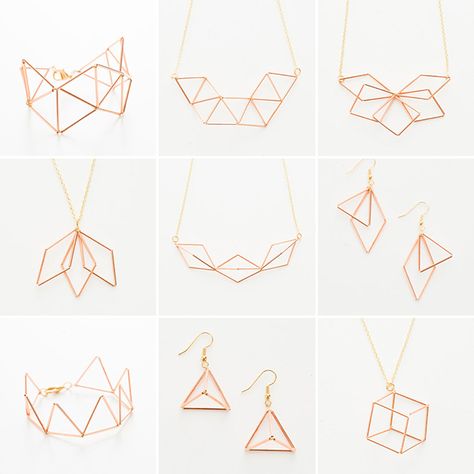 Follow this tutorial to make your own geometric jewelry. Jewelry Logo, Jewelry Kits, Homemade Jewelry, Geometric Jewelry, Rhinestone Designs, Diy Schmuck, Crystal Necklace Pendant, Bijoux Diy, Raw Material