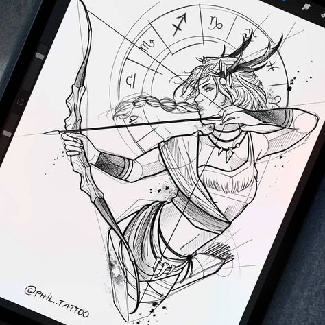 Sagittarius Drawing Art, Female Archer Tattoo, Sagittarius Goddess Tattoo, Tattoo Sagittarius, Artemis Tattoo, Sagittarius Tattoo Designs, Sagittarius Art, Sagittarius Tattoo, Mythology Tattoos