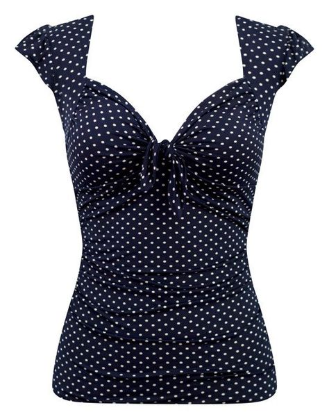 Sweetheart Vixen Tie Top in Navy Polka Dot Modern Tops, Pin Up Outfits, Fifty Not Frumpy, Girls Tie, Over 50 Womens Fashion, Rockabilly Fashion, Double Trouble, Front Tie Top, Tie Top