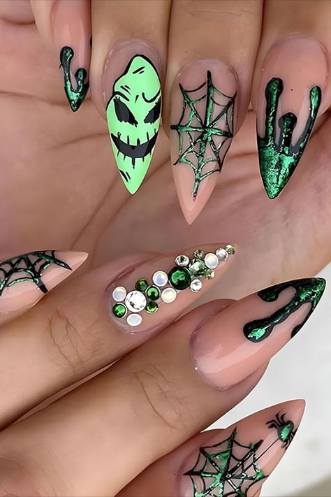 Christmas Nails Rhinestones, Nails With Designs Acrylic, Before Christmas Nails, Nails Medium Almond, Nails Rhinestones, Nightmare Before Christmas Nails, Green Spider, Halloween Press On Nails, Press On Nails Medium