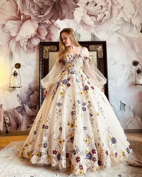 Wedding Dress With Pastel Flowers, Historical Wedding Dress, Pastel Wedding Dress, Flowery Wedding Dress, Champagne Tulle Prom Dress, A Line Wedding Dress Sweetheart, Wedding Dresses Sweetheart, Nontraditional Wedding Dress, Wedding Dresses With Flowers