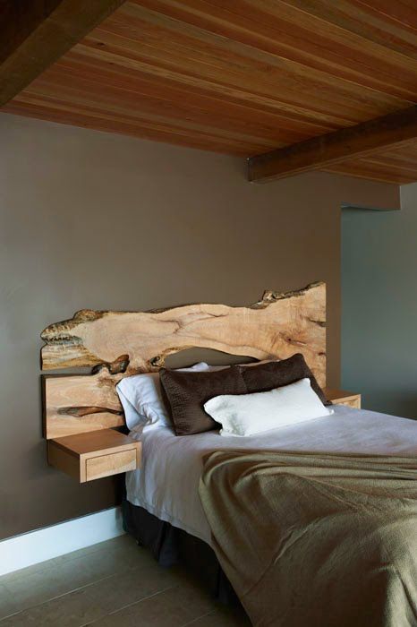 Live Edge headboard.  The linens/room are drab but I can imagine a modern log cabin quilt on this bed - mwah! Wood Headboards, Live Edge Headboard, Modern Log Cabin, Reclaimed Wood Headboard, Dinner Chair, Modern Headboard, Live Edge Furniture, Wooden Headboard, Diy Headboard