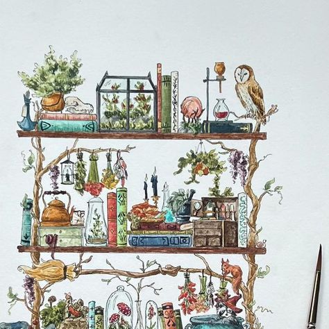 Witch Bookshelf Drawing, Bookshelf Watercolor Painting, Witches Shelf Drawing, Witch Bookshelf, Shelves Drawing, Garden Witch, Witchy Garden, Cottage Core Art, Witch Drawing