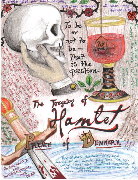 Hamlet by blackink77.deviantart.com Hamlet Art Project, Hamlet Project Ideas, William Shakespeare Project Ideas, Shakespeare Art Ideas, Book One Pager, 21st Century Literature Poster, Hamlet Art Illustration, Hamlet Drawing Ideas, Hamlet Collage