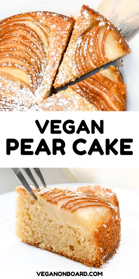 A moist cake with a little fiery kick of ginger, topped with sliced pear and a sprinkle of brown sugar. Vegan Pear Upside Down Cake, Eggless Pear Cake, Pear Cake Vegan, Vegan Pear Muffins, Pear Vegan Recipes, Vegan Pear Tart, Vegan Pear Dessert, Vegan Pear Cake, Easy Vegan Cake Recipes