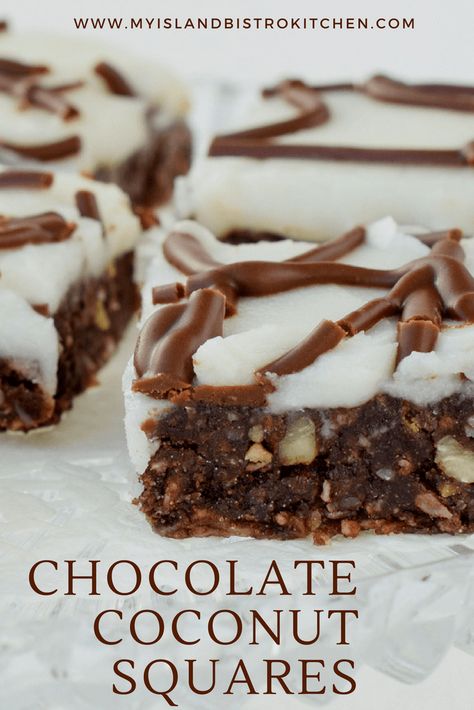 Unbaked Chocolate Coconut Square - My Island Bistro Kitchen Dainty Tray Ideas, Dessert Square Recipes, Easy Squares Recipe, Easy Squares, Almond Squares, Ella Vegan, Coconut Squares, Dessert Squares, Bistro Kitchen