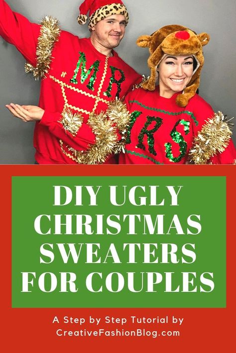 Diy Ugly Xmas Sweater Couples, Ugly Sweater Ideas For Couples, Diy Ugly Christmas Sweater Ideas, Ugly Sweater Couple, Ugly Sweater Tree, Creative Ugly Christmas Sweater, Easy Ugly Christmas Sweater, Matching Ugly Christmas Sweaters, Ugly Christmas Sweater Ideas