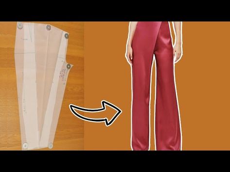 DIY Wide leg pants with asymmetric front pleat. Wide Leg Pants Diy, Diy High Waisted Pants, Diy Wide Leg Pants, Pleated Pants Pattern, Asymmetric Pants, Corset Tutorial, Pattern Alterations, Pants Patterns, Pant Pattern