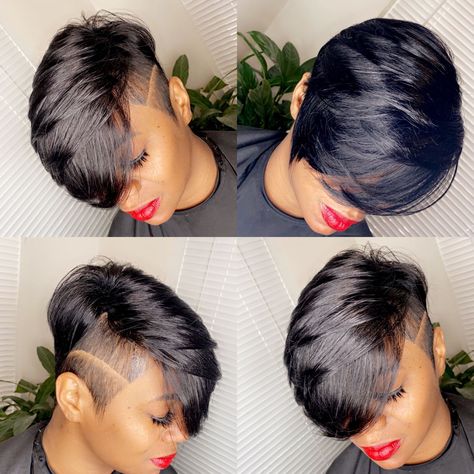 Quick Weave On Top Of Short Hair, Shaved Sides Quick Weave, Short Hairstyle With Shaved Sides, Shaved Side Bob Hairstyles Black Women, Short Pixie Long Bangs, Shaved One Side Hairstyles, Short Relaxed Hairstyles Shaved Sides, Kelly Cut Hairstyle Black Women, Hair Styles With Shaved Sides