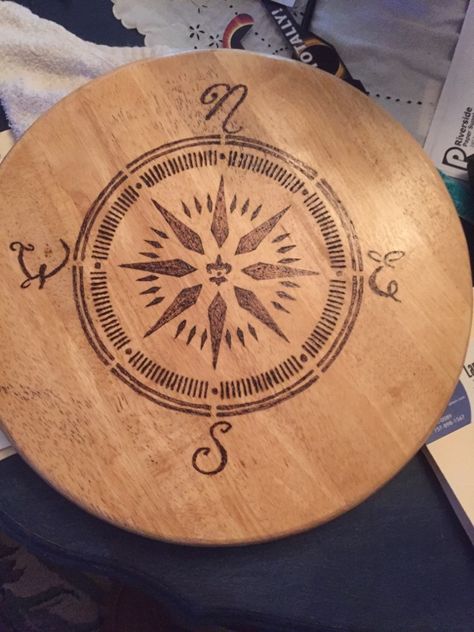 Wood Burned Lazy Susan, Wood Lazy Susan, Burned Wood, Pyrography Art, Lazy Susan, Compass Tattoo, Pyrography, Wood Burning, Compass