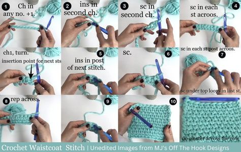 Crochet Waistcoat Stitch With Step-by-step pictures Wastecoat Stitch Crochet, Waistcoat Stitch Crochet, Crochet Waistcoat, Crocheted Items, Stitch Crochet, Hook Design, Single Crochet Stitch, Crochet Stitches Tutorial, Crochet Stitch