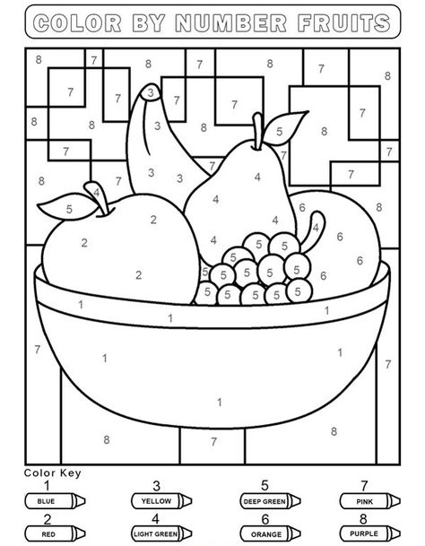 Fruit Coloring By Number Activity Pages For Kids Free Printables, Fruit Coloring, Number Worksheets Kindergarten, Materi Bahasa Inggris, Color By Number Printable, Kindergarten Colors, Fruit Coloring Pages, Preschool Colors, Kindergarten Worksheets Printable