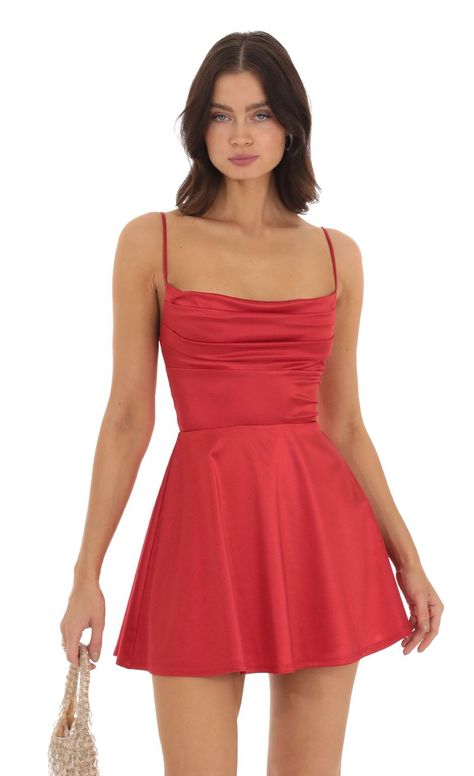 Jewel Satin Cowl Neck Dress in Red | LUCY IN THE SKY Red Hoco Dresses Short, Red Hoco Dress Short, Red Satin Mini Dress, Red Hoco Dresses, Red Hoco Dress, Satin Cowl Neck Dress, Hoco 2024, Hoco Dresses Red, Hoco Ideas