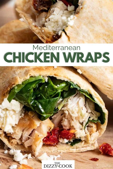 A quick and easy lunch, this Mediterranean chicken wrap can be made with lavash, leftover or cooked grilled chicken or rotisserie chicken, cheese, spinach, and sun-dried tomatoes. It's toasted for a little crunch! Perfect for a healthy meal. Rotisserie Chicken Wrap, Mediterranean Wrap Recipes, Mediterranean Wrap, Grilled Chicken Wraps, Recipes Using Rotisserie Chicken, Mediterranean Recipes Healthy, Sandwich Wraps Recipes, Spinach Wraps, Quick Healthy Lunch