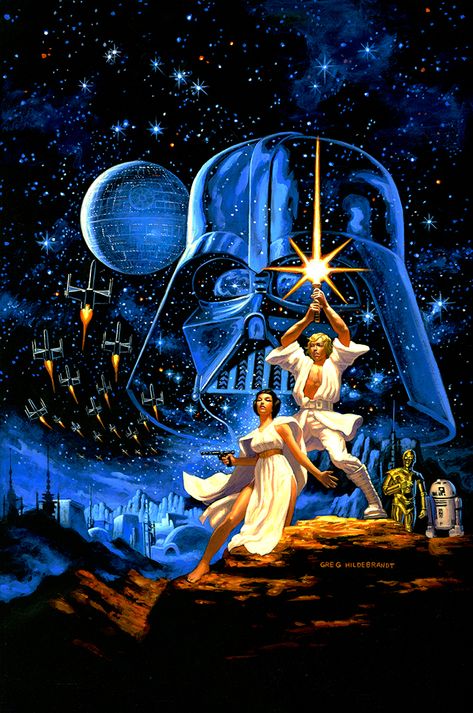 Greg Hildebrandt's 2018 re-creation of his and his brother's 1977 "Star Wars" painting will be on view in October at New York Comic Con before going up for auction in November. Star Wars Canvas Art, Image Joker, November Wallpaper, Star Wars Painting, ポップアート ポスター, Star Wars Background, Paintings Ideas, Star Wars 1977, Cuadros Star Wars