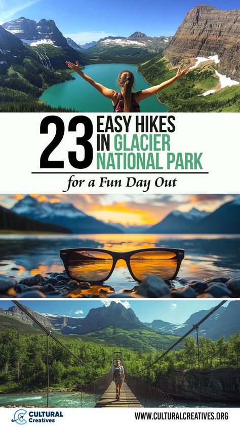 Collage of Glacier National Park featuring a hiker overlooking a turquoise lake, sunglasses reflecting a mountain sunset, and a suspension bridge trail, highlighting 23 easy hikes in Glacier National Park for a fun day out. Glacier National Park With Kids, Visiting Glacier National Park, Glacier National Park Hikes, Avalanche Lake, Banff Trip, Glacier National Park Trip, Grinnell Glacier, Hiking Bucket List, National Park Trip