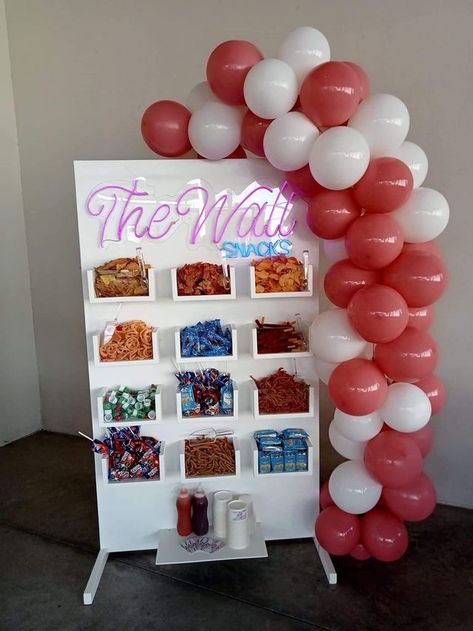 Self Serve Candy Station, Treat Cart For Party, Diy Candy Stand Display Ideas, Snack Wall Party, Snack Wall Ideas, Party Vendor Ideas, Party Snack Cart, Diy Candy Wall Dispenser, Diy Snack Cart