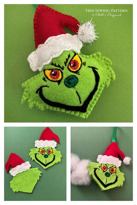 Felt Grinch, Easy Sewing Projects For Kids, Grinch Ideas, Sew Toys, Fabric Art Diy, Grinch Ornament, Felt Ornaments Diy, Stuffed Animal Pattern, Grinch Crafts