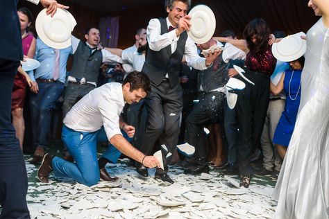 Plate smashing at Greek Wedding at Elmore Court Greek Plate Smashing, Greek Wedding Plate Smashing, Plate Smashing, Traditional Greek Wedding, Mexican Wedding Traditions, Greek Night, Greek Wedding Traditions, Wedding Rice, Greek Wedding Dresses