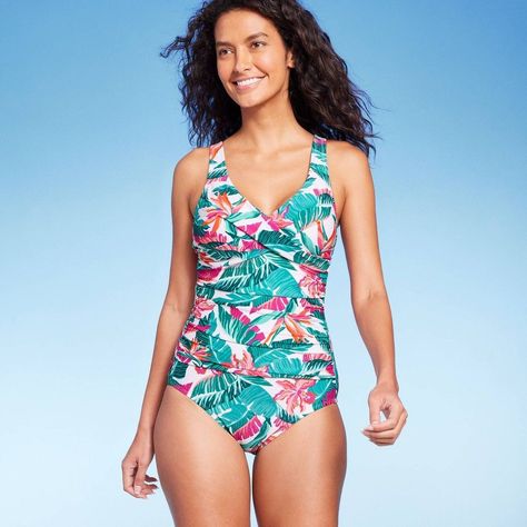 Women's Full Coverage Tummy Control Tropical Print Front Wrap One Piece Swimsuit - Kona Sol™ Multi L Full Coverage Swimsuit, Swim Style, Pink Tropical, Plus Size One Piece, Floral One Piece, Swimsuits High Waisted, Swim Fashion, Tropical Pattern, One Piece Swim