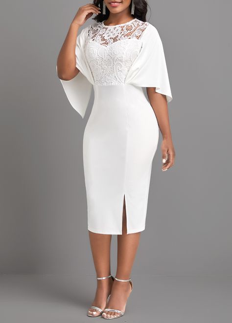 White Half Sleeve Lace Bodycon Dress | Rosewe.com - USD $35.98 Short Lace Dress Styles Ghana, Elegant Lace Dress Classy, Wedding Outfits For Ladies, Short White Dress Outfit, Lace Dress Styles Ghana, Simple White Lace Dress, White Lace Dress Short, Wedding Outfits For Women, Long African Dresses