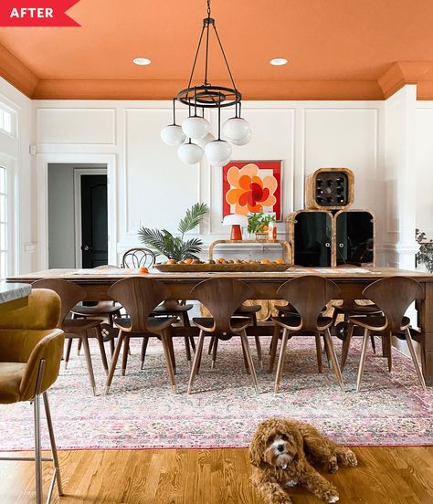 Modern Eclectic Dining Room, Orange Dining Room, Old French Doors, Eclectic Dining Room, Dining Ideas, Best Dinner, Living Room Redo, White Dining Room, Room Redo