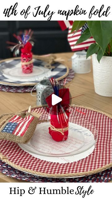 Deborah Bitton on Instagram: "Of course we can’t have a holiday without a fun napkin fold can we?!! Ifkyk 😉  This super easy fold will make your table a little “extra”, festive and fun. You can use any kind of napkin but I love the bandana print for patriotic tablescapes. Stay tuned to see the table in full with more views.  For more ideas on entertaining for Independence Day, check out my blog ( linked in bio) and enter “4th of july ideas” in the search bar. You’ll find lots of tables, easy diy treats and decor to make your celebrations simple and fun. • • • • #patrioticdecor #4thjuly #4thofjulyparty #4thofjulydecor #4thofjulytablescape #tablescapestyling #napkinfolding #napkins #napkinart #entertainingathome #entertainingideas" 4th Of July Napkin Folding, Napkin Ring Folding, Creative Napkin Fold, Diy Napkin Holder, Patriotic Tablescapes, Napkin Folds, Creative Napkins, July Ideas, Diy Treats