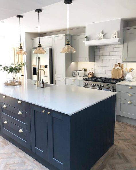 Light Grey Kitchen Cabinets, Blue Kitchen Designs, Major Kitchen Appliances, Light Grey Kitchens, Two Tone Kitchen Cabinets, Navy Kitchen, Blue Kitchen Cabinets, Two Tone Kitchen, Farmhouse Kitchen Cabinets