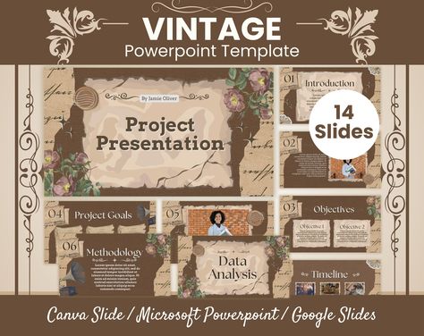 A modern take on the classic vintage style, this presentation template is perfect for businesses of all sizes. With its clean lines and minimal design, it's sure to make a lasting impression on your audience. Download now and get started on your next Art Slide Presentation, Ppt Theme Ideas, Canva Vintage Design, Cool Powerpoint Ideas, Book Presentation Ideas, Presentation Board Ideas, Slides Ideas Presentation, Ppt Vintage, Canva Ppt Template