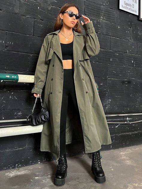 Long Green Jacket Outfit, Army Green Trench Coat Outfit, Army Green Coat Outfit, Waterproof Trench Coat Woman, Green Coat Outfits For Women, Womens Trench Coat Outfit, Olive Green Coat Outfit, Outfit Con Verde, Trench Coat Outfit Women