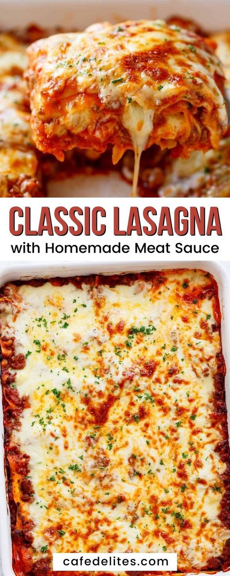 Classic Lasagna with Homemade Meat Sauce is the ultimate comfort food! This lasagna is layered with pasta, meat sauce, white sauce, and mozzarella cheese which results in a golden, crunchy, and cheesy top with a layer of juicy meat sauce underneath. The most important part of this whole recipe is the meat sauce. Made with a mix of ground beef and pork, it’s rich in flavor and texture. Lasagna Sauce Recipe From Scratch, Lasagna Recipe With Ground Beef, Lasagna With Cream Sauce, Red Sauce Lasagna Recipe, Lasagne Sauce Recipe, Lasagna With Homemade Sauce, Home Made Lasagna Recipe, Lasagna Recipe With Ricotta And Ground Beef, Ground Pork Lasagna Recipe