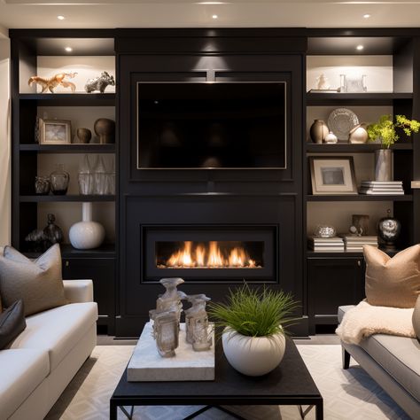 Symmetry Electric Fireplace Idea With TV Above Image Basement Electric Fireplace, Fireplace Ideas With Tv Above, Electric Fireplace Ideas With Tv, Fireplace Ideas With Tv, Tv Wall Unit Designs, Electric Fireplace Ideas, Wall Units With Fireplace, Tv Above Fireplace, Basement Fireplace