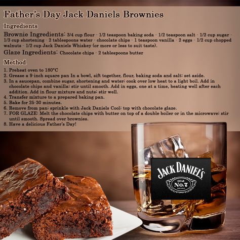 Treat your dad this fathers day with these delicious Jack Daniels Chocolate Brownies #fathersday #yum Jack Daniels Brownies, Jack Daniels Chocolate Cake Recipe, Jack Daniels Chocolate Cake, Jack Daniels Cake Recipe, Jack Daniels Desserts, Alcoholic Brownies, Jack Daniels Drinks Recipes, Desserts With Alcohol, Spiked Cupcakes