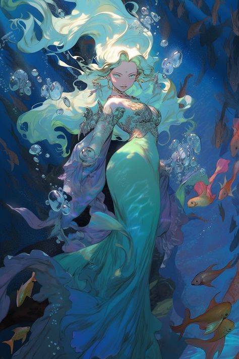 Fish Woman Art, Hair In Water Reference, Dnd Siren Character Art, Sidamarink's Art, Water Hair Drawing, Water Nymph Character Design, Beach Character Design, Siren Concept Art, Ocean Character Design