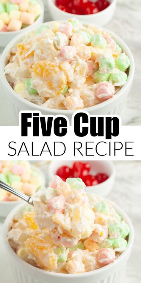 5 cup salad is an old fashioned recipe that is straight from grandma's table. Made with just a few ingredients, this 5 cup fruit salad is a great side dish or dessert. Sweet, tangy, and delicious, 5 cup salad is perfect for the holidays, parties, potlucks, and BBQ's. 7up Salad Recipe, Recipes Using Mandarin Oranges, Five Cup Salad Recipe, 5 Cup Fruit Salad, 5 Cup Salad, Salads Recipes, Old Fashioned Recipe, Breakfast Drink, Yummy Salad Recipes