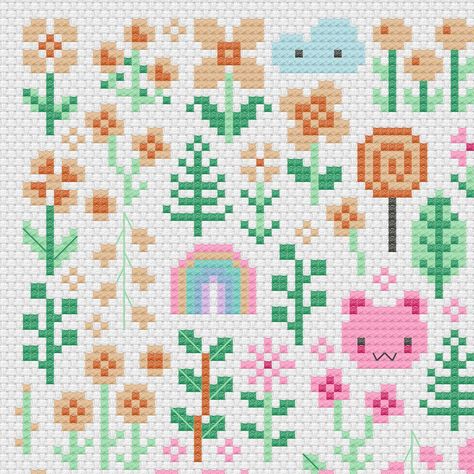 Garden Cross Stitch Pattern, Candy Garden, Garden Cross Stitch, Garden Cross, Pastel Garden, Kawaii Cross Stitch, Cross Stitch Sampler Patterns, Flowers Cross Stitch, Rainbow Garden