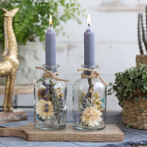 Plant In Glass, Dried Flowers Diy, Purple Candles, Deco Champetre, Deco Nature, Glass Candlestick Holders, Glass Candlesticks, Deco Floral, Candle Holder Set