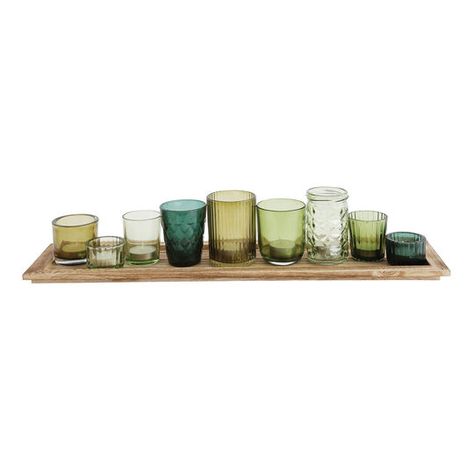 3R Studios Wood Tray with Green Glass Votive Holders Green Candle Holders, Glass Tealight Candle Holders, Glass Votives, Glass Votive Candle Holders, Glass Votive Holders, Wood Candle Holders, Green Candle, Candle Gift Set, Glass Votive