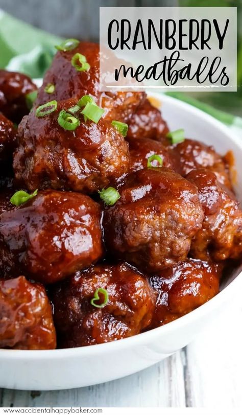 he secret is in the sauce for these juicy and flavorful cranberry meatballs. Sweet and tangy with just a bit of heat, these meatballs are one of the easiest and most forgiving recipes you’ll ever make and perfect for any party! Stove top or slow cooker, you just can’t go wrong with cranberry meatballs. #cranberry #meatballs #recipes #appetizers #accidentalhappybaker Easy Crockpot Meatballs, Meatballs Recipes, Cranberry Meatballs, Appetizer Meatballs, Christmas Recipes Appetizers, Holiday Party Foods, Recipes Appetizers, Meatballs Recipe, Appetizer Bites