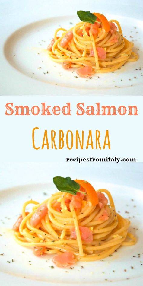 Smoked Salmon Carbonara, made with eggs, smoked salmon, parmesan cheese, orange zest and sicilian oregano Smoked Salmon Carbonara, Salmon Carbonara, Best Italian Pasta Recipes, Carbonara Recipe Creamy, Classic Carbonara, Perfect Spaghetti, Smoked Salmon Pasta, Carbonara Recipe, Italian Pasta Recipes