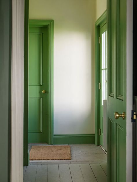 Welsh House | Ben Pentreath Ltd Colored Door Frames, Green Kitchen Door, Doorway Paint Ideas, Dark Painted Interior Doors, Colorful Doors Interior, Colored Trim Interior, Green Interior Doors, Painted Doorway, Warehouse Mezzanine