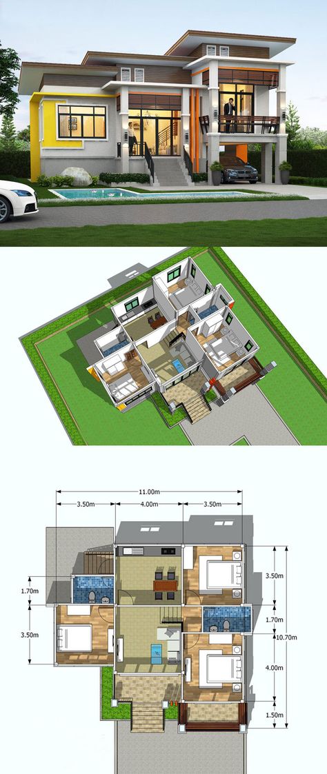 One And A Half Storey House Floor Plan with 3 Bedrooms Split Type House Design, Split Type House, One And Half Storey House Design, Half Story House, Split Level House Design, House Plans Ideas, Two Story House Design, One Storey House, Little House Plans